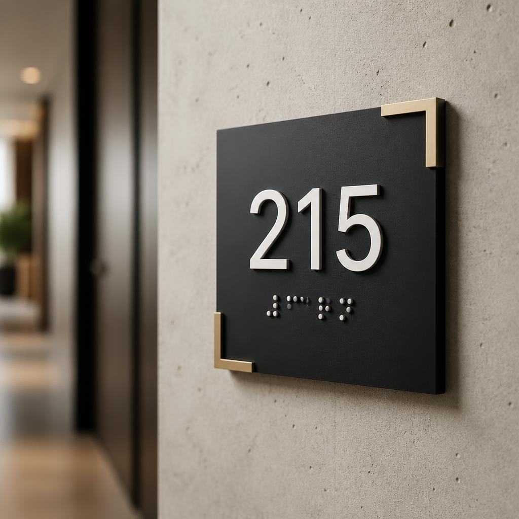 Creative ADA room number sign with tactile 215 and Grade 2 braille
